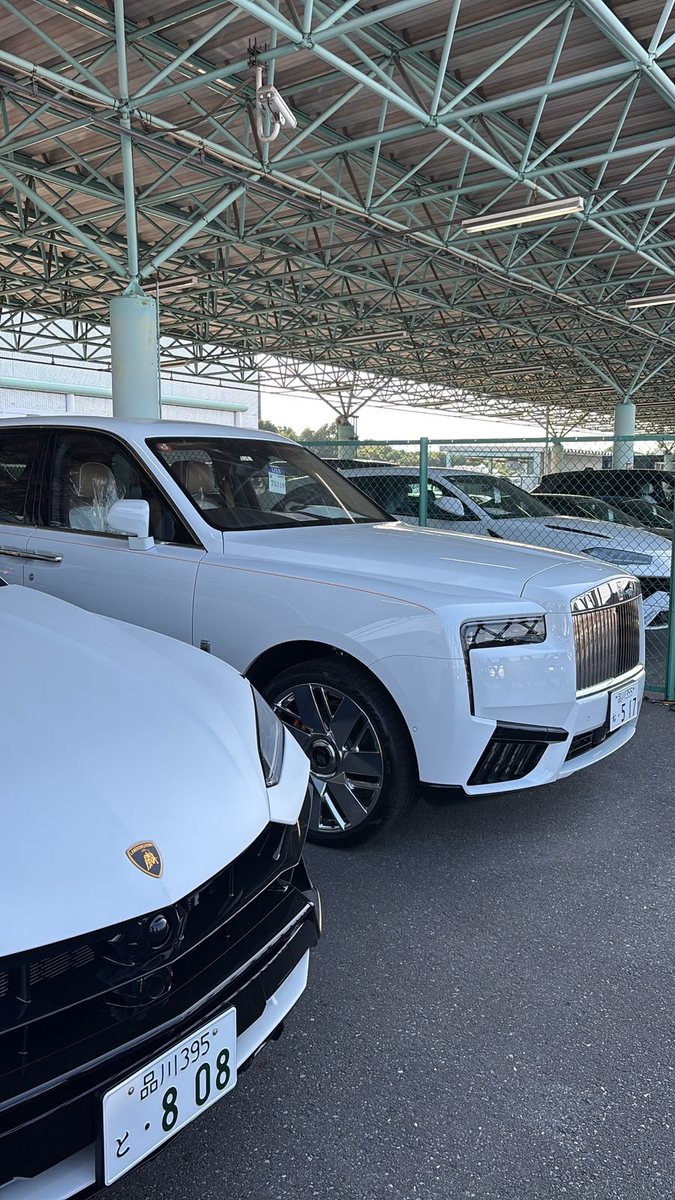 Ein weißer Rolls-Royce Cullinan und ein schwarzer Lamborghini Urus stehen nebeneinander im Auktionshof.